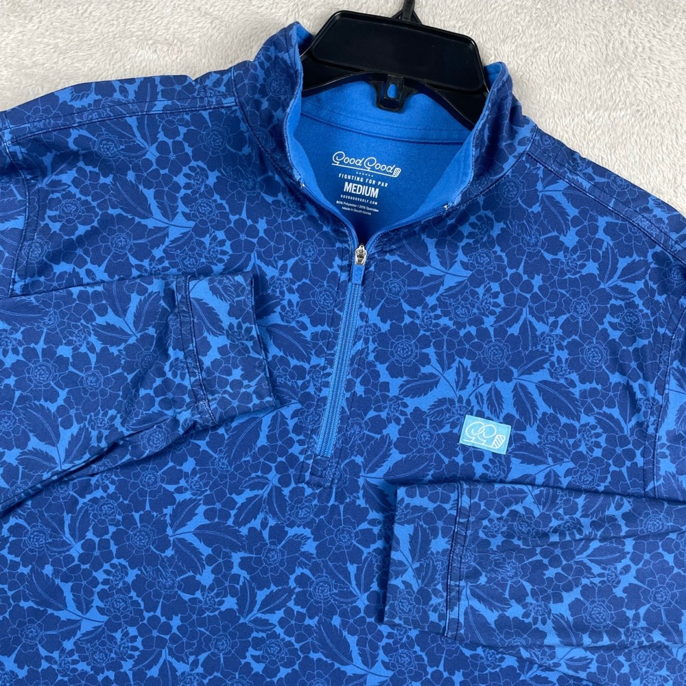 Good Good Golf Quarter Zip Pullover Mens Medium Blue Floral Performance 1/4 Zip
